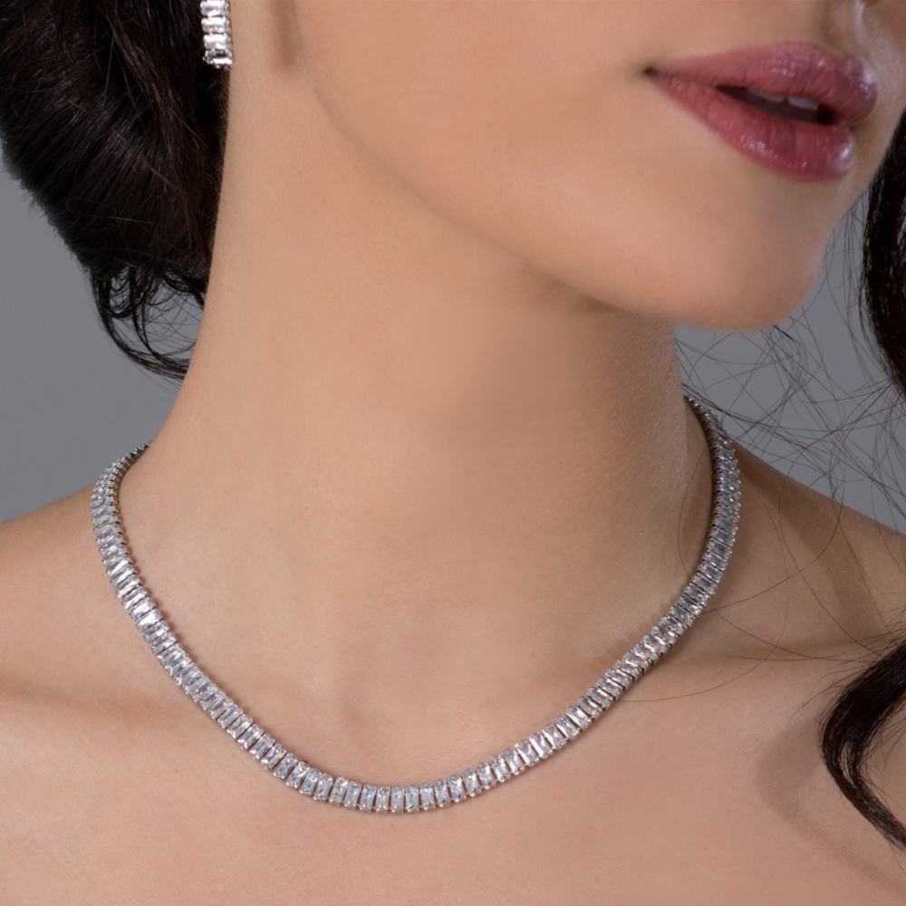 YOUR ROYAL HIGHNESS DIAMOND BAGUETTE TENNIS NECKLACE WHITE GOLD PLATED
